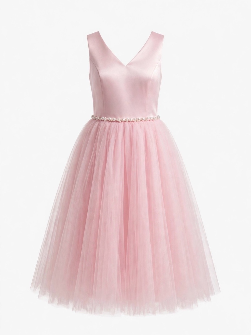 SHEIN Pink Satin V-Neck Tulle Party Dress with Pearl Waist